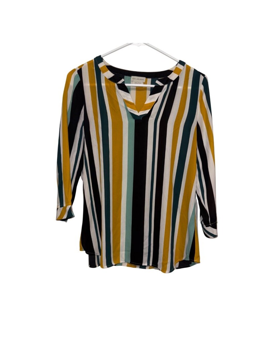 Van Heusen Womens Multicolor Vertical Striped Top 3/4 Sleeves Notch Neckline XS